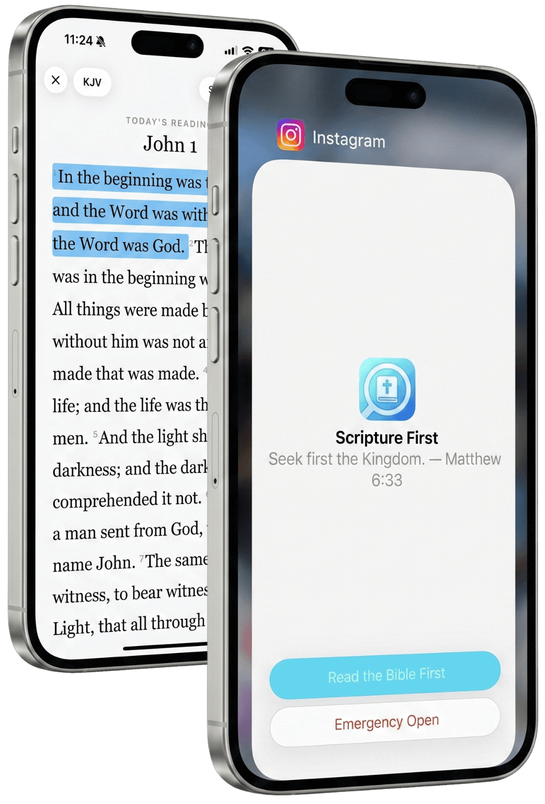 Two iPhones showing the Scripture First lock screen over Instagram and today’s Bible reading in the King James Version.